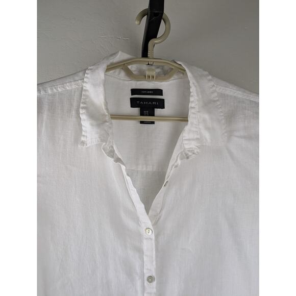 Tahari size 1X White 100% Linen Button Front Tunic Length Shirt Roll Tab Sleeve - Picture 5 of 7